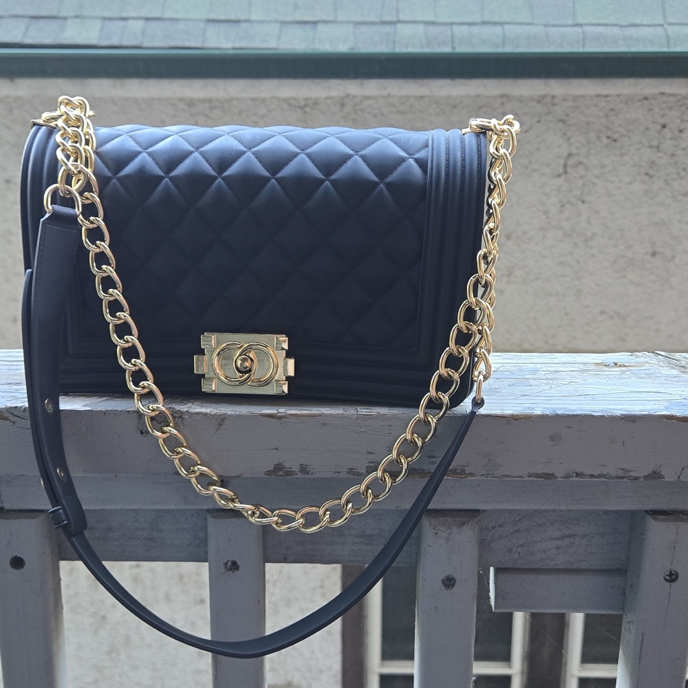 Boy Bag Style Quilted Crossbody Bag with Gold Chain